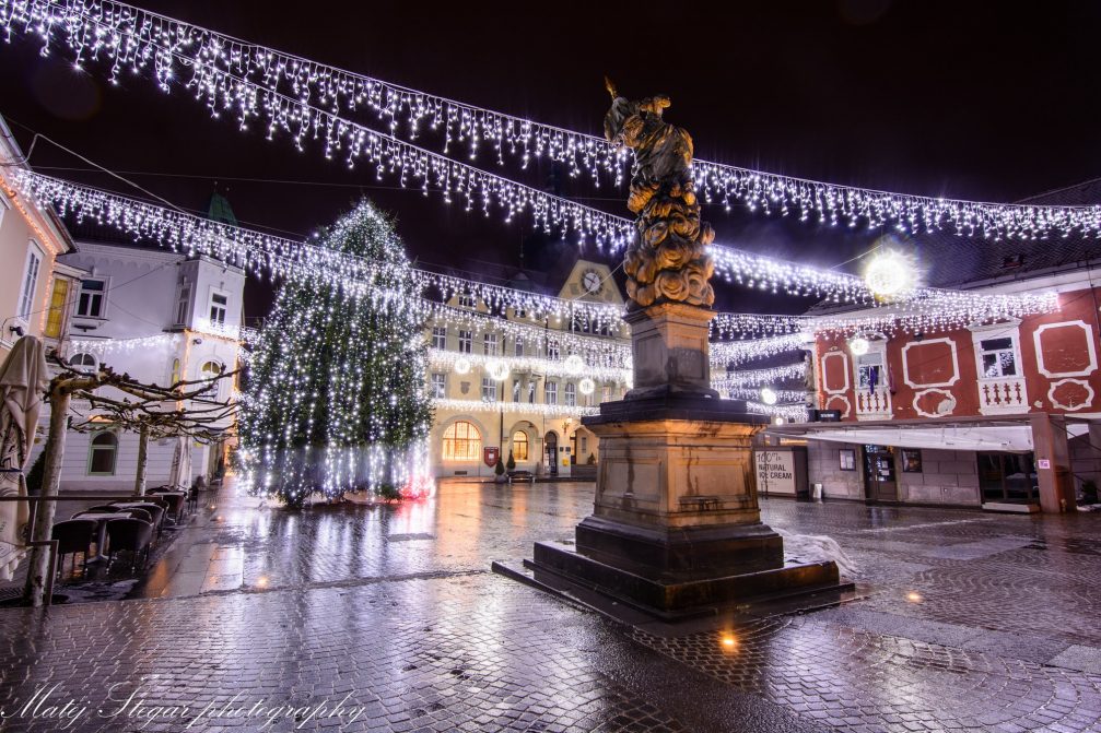 Main square in Ptuj at night in the Christmas season