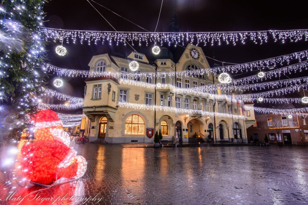 Festively decorated Ptuj in the Christmas season at night