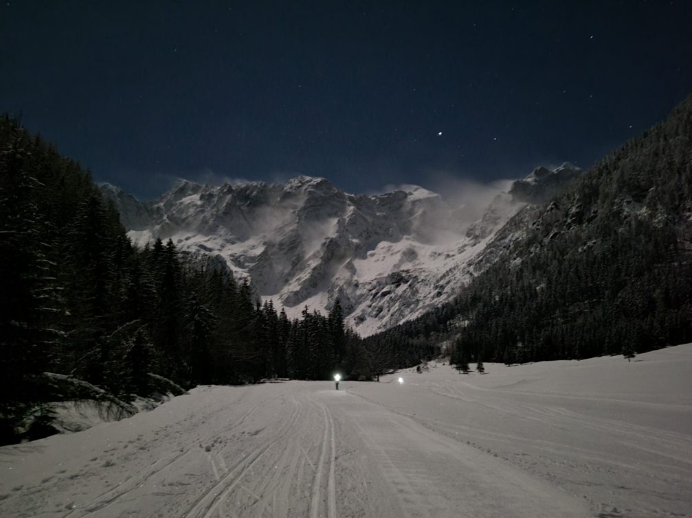 Jezersko covered in snow on a starry night