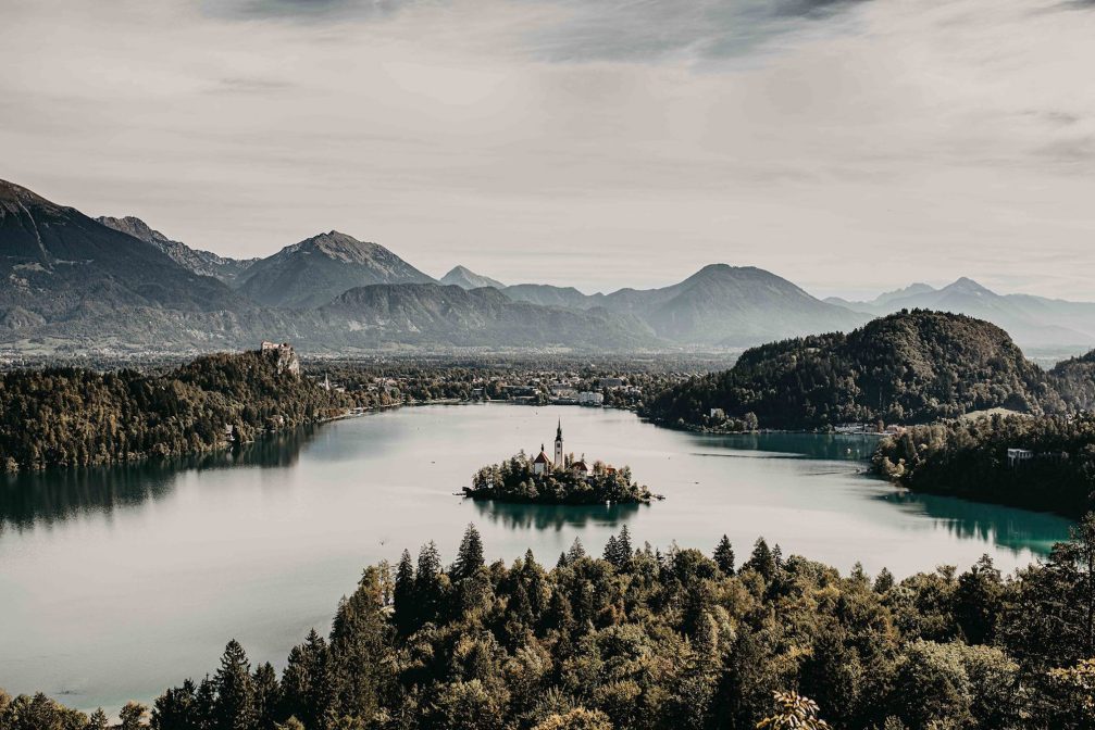 View of Bled Castle from Ojstrica Viewpoint above Lake Bled in Slovenia