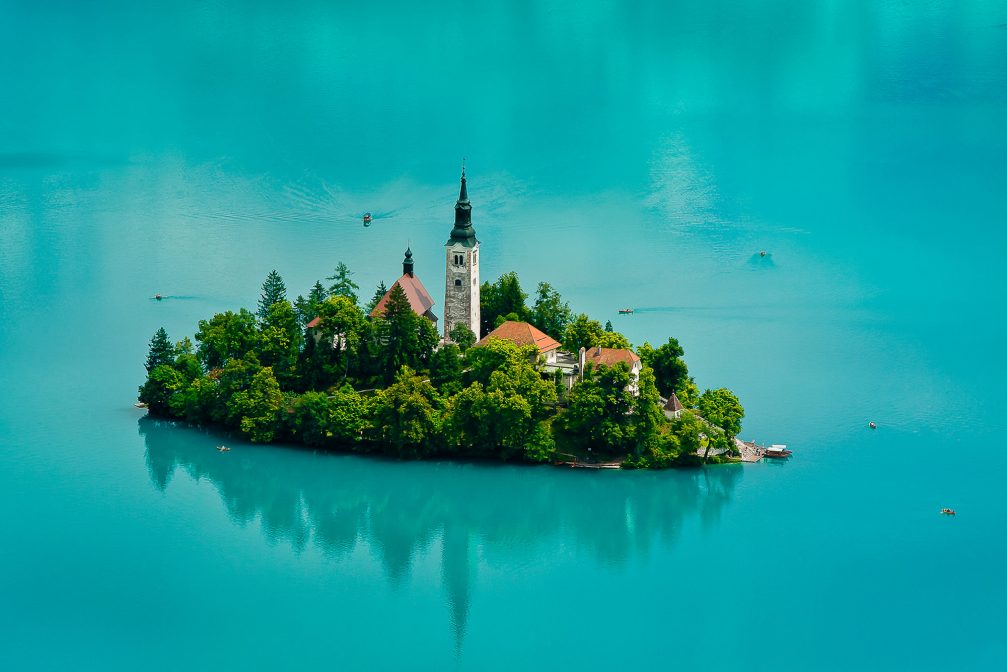 Aerial view of Bled Island in Slovenia