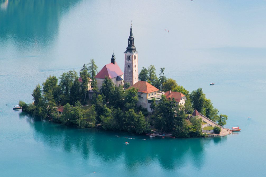 Aerial view of the Church on Bled Island in Slovenia