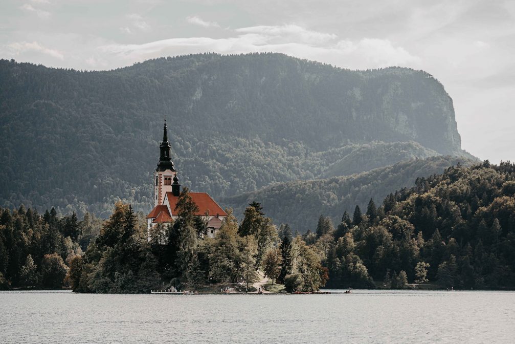 A view of Bled Island with the church in Lake Bled
