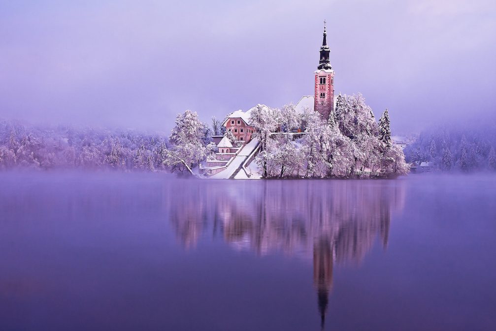 Bled Island covered in snow in winter