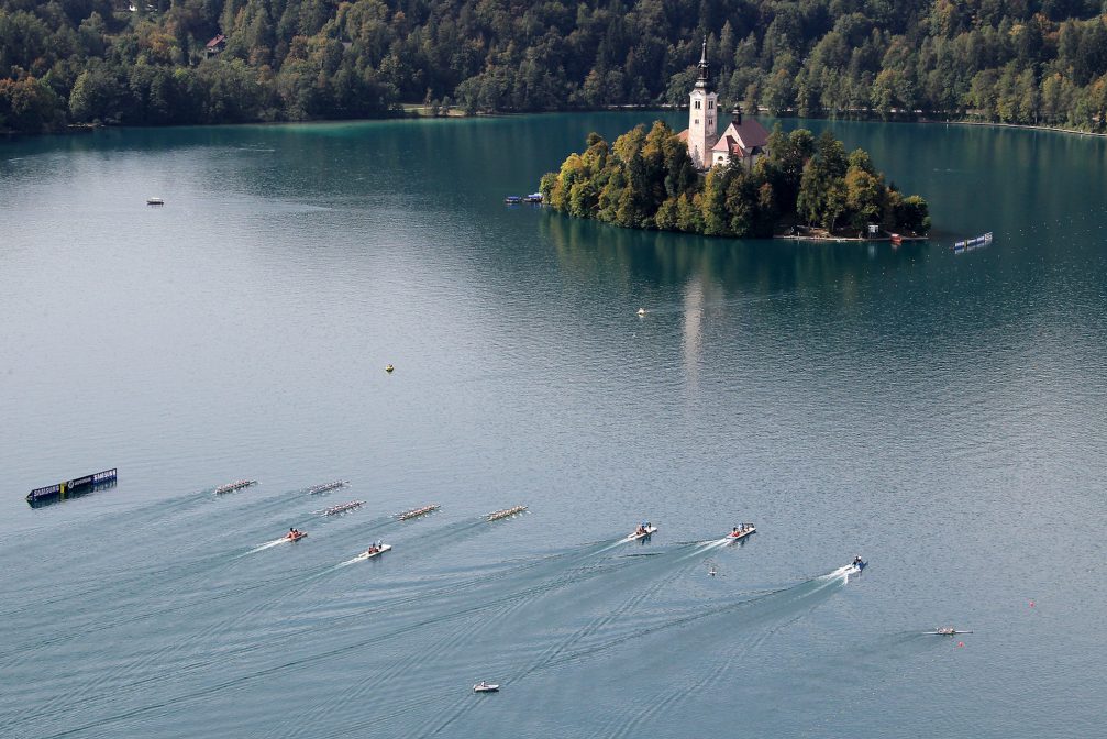 Rowing competition at Lake Bled with Bled Island in the background