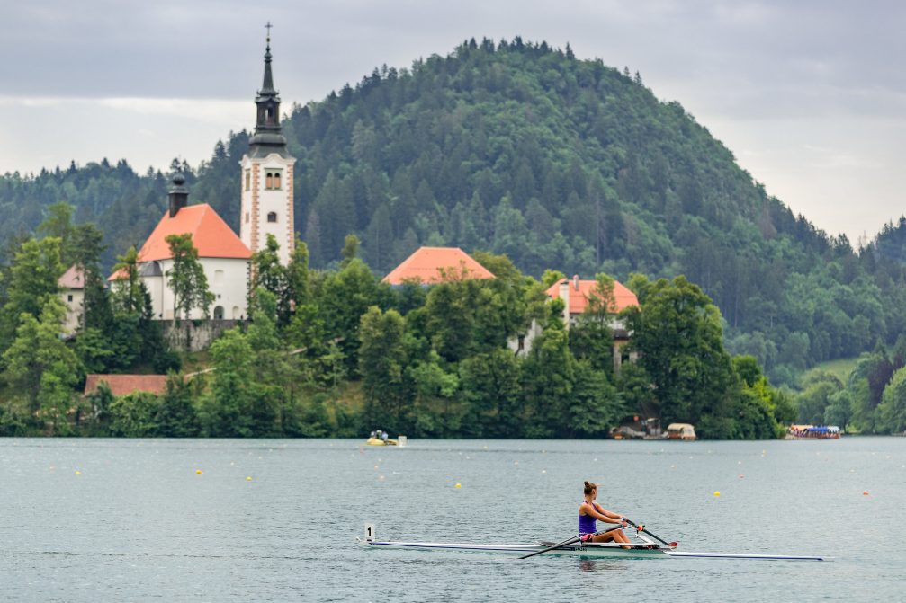 Rowing competition at Lake Bled with the Church on Bled Island in the background