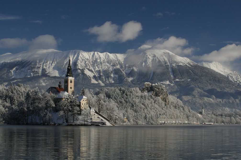 View of Bled Island covered in snow in winter