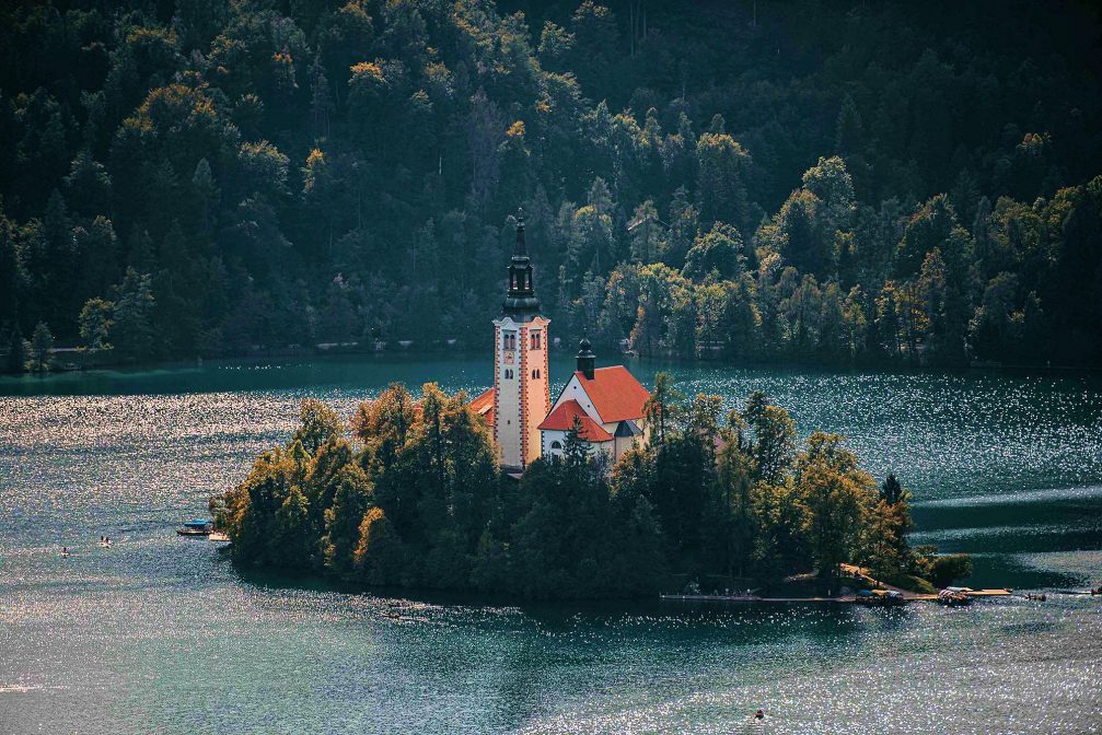 Aerial view of the Church on Bled Island from the castle