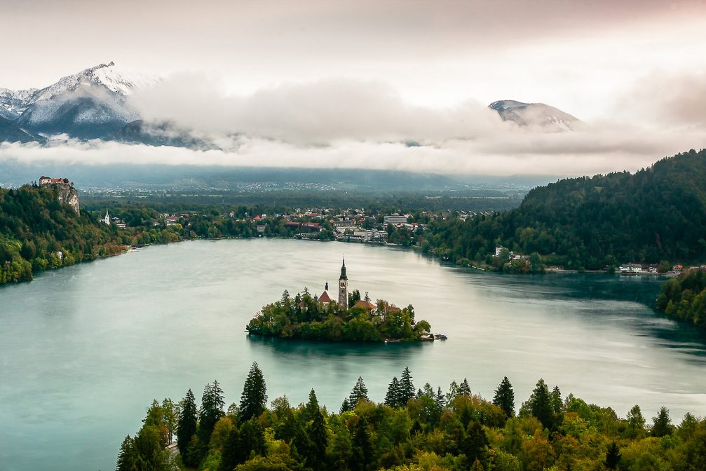 View of the Church on Bled Island from the Ojstrica viewpoint above Lake Bled