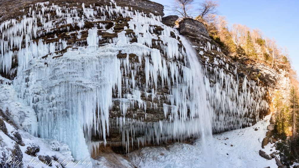 Panorama of Frozen Waterfall Pericnik in Triglav National Park in winter