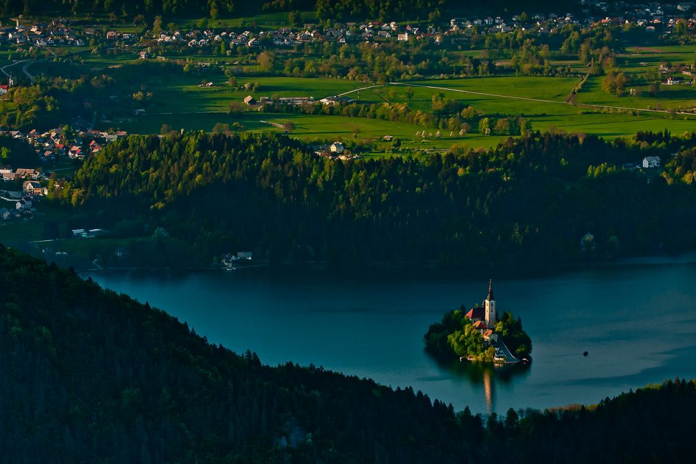 View of Lake Bled and its island from the air