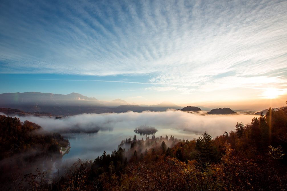 View of Lake Bled from Ojstrica Viewpoint on an autumn day