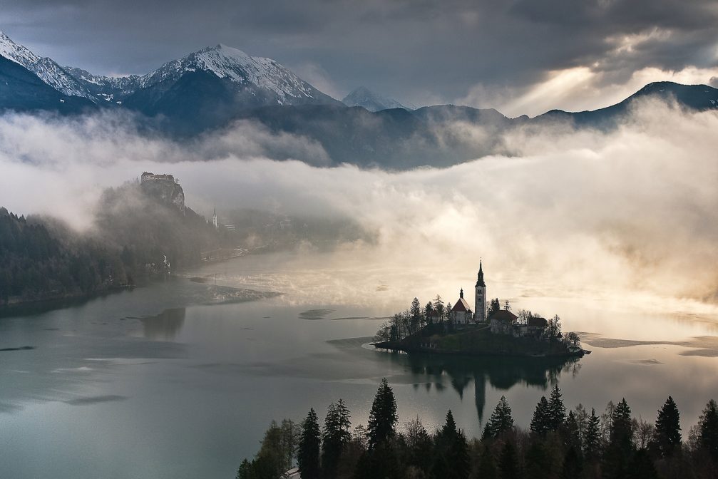 View of Lake Bled in Slovenia on a cloudy day