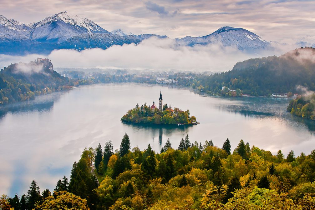 View of Lake Bled from Ojstrica Viewpoint in the fall season