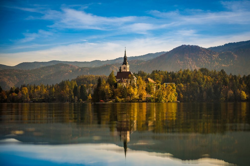 View of Lake Bled and its island in the fall season