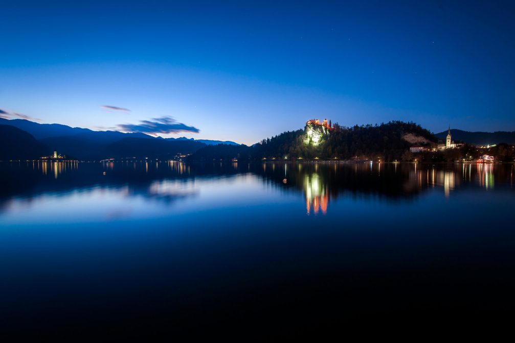 Lake Bled and its castle at night