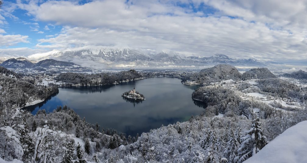 View of Lake Bled from Mala Osojnica Viewpoint in winter