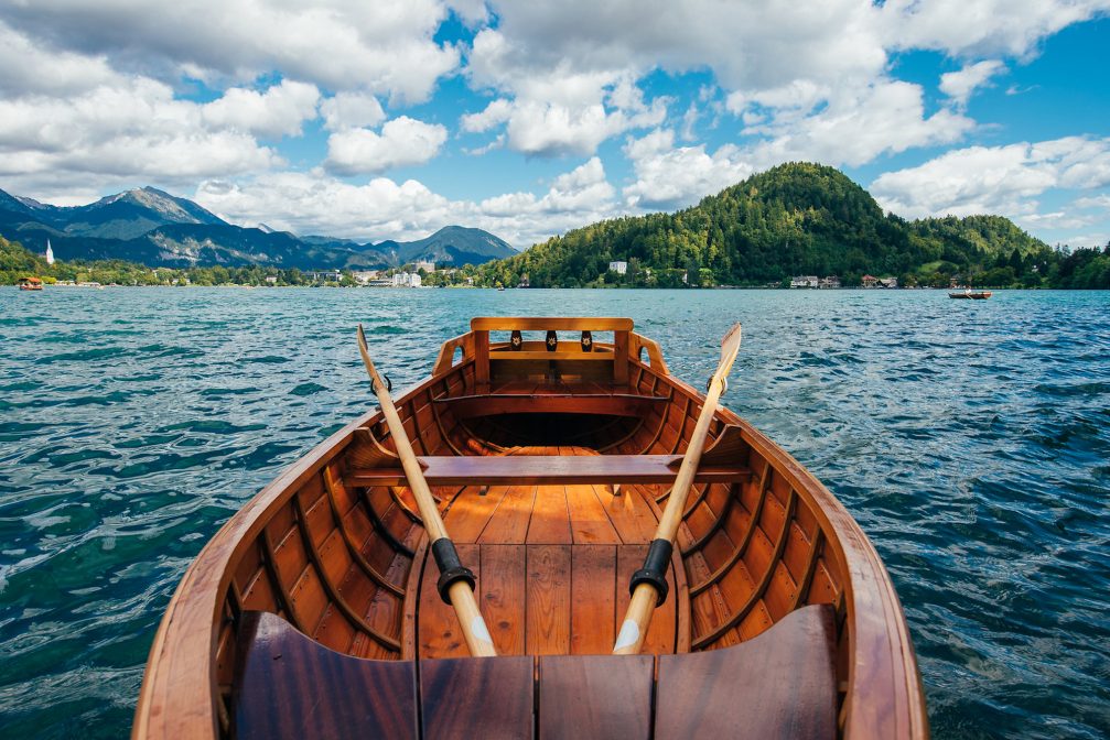 View of Lake Bled from the wooden rowboat