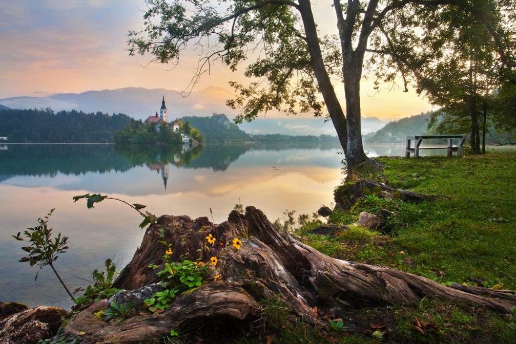 Lake Bled in Slovenia in spring with the island in the background