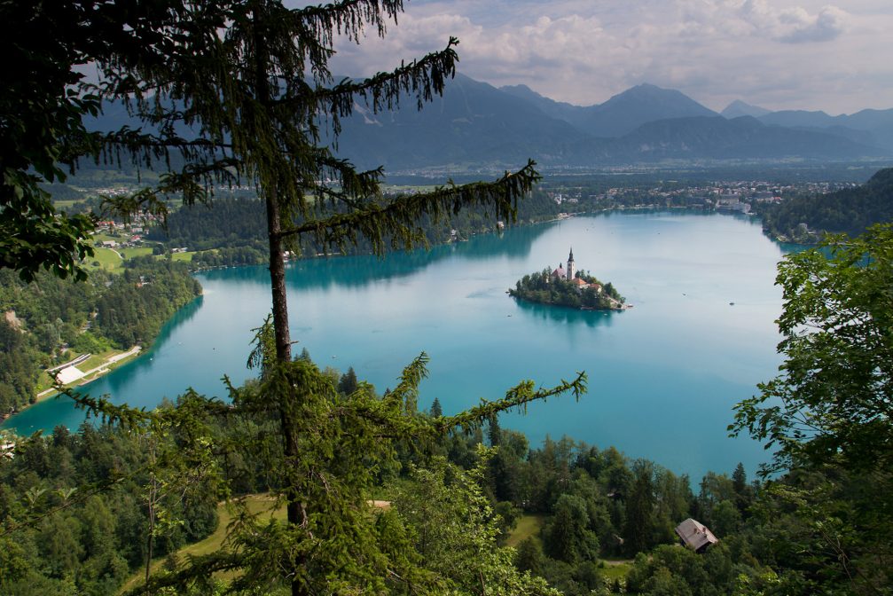 View of Lake Bled from Ojstrica Hill in the summer