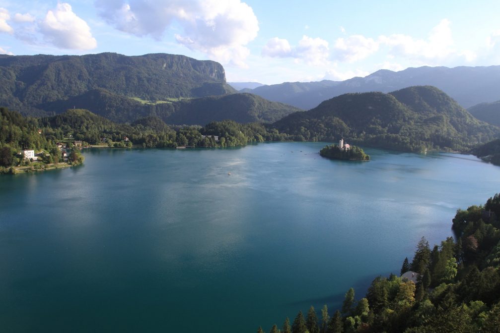 View of Lake Bled and its island from Bled Castle