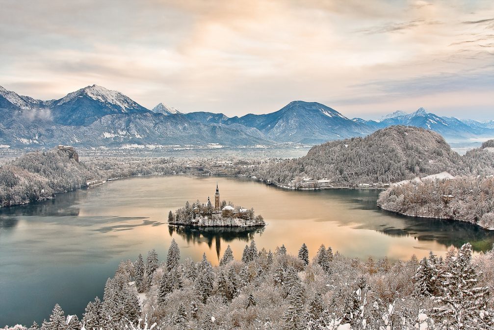 View of Lake Bled from Ojstrica Viewpoint in the winter season
