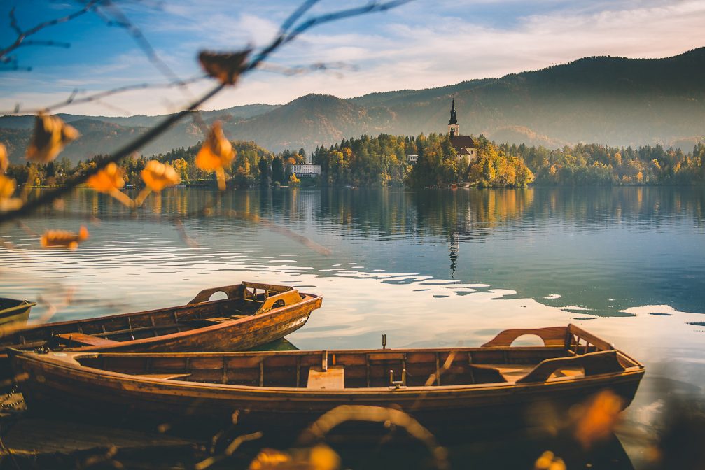 Wooden rowboats on the shore at Lake Bled in Slovenia