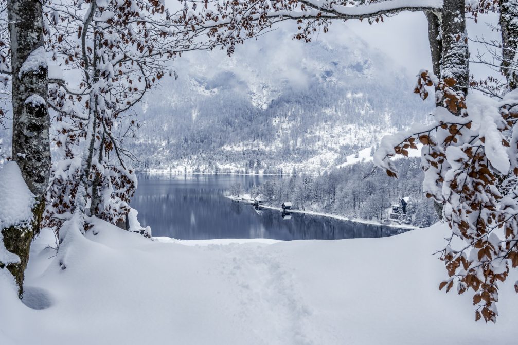 Aerial view of Lake Bohinj covered in snow the next day after snowfall