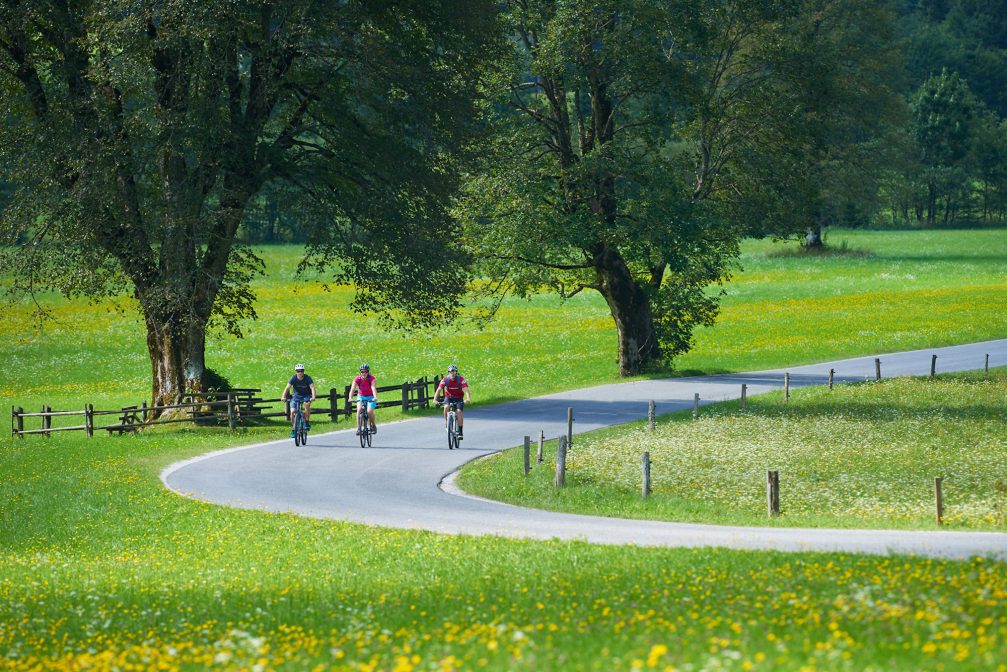 Cyclists in Logarska Valley in northern Slovenia in summer