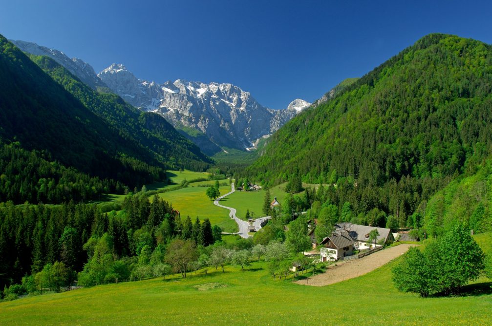 View of Logarska Valley in Slovenia with Slovenian Alps in the background