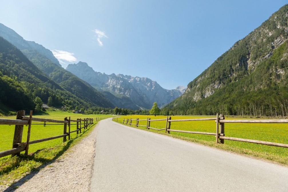 A road through Logarska Valley Landscape Park in northern Slovenia