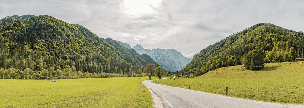 Panorama of Logarska Valley in Slovenia with Slovenian Alps in the background