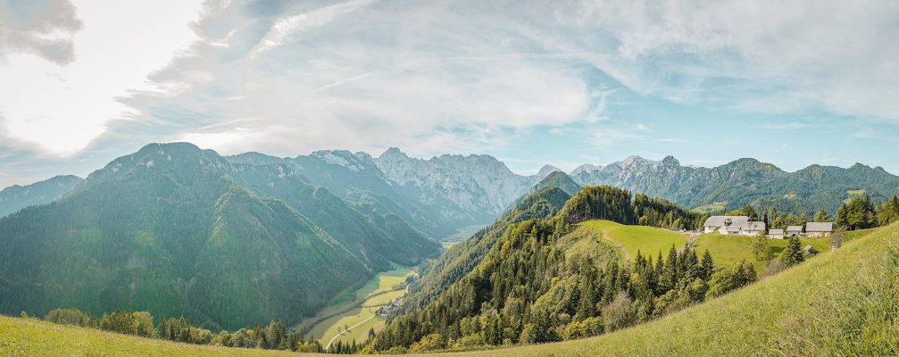 Panoramic view of Logarska Valley in Slovenia with Kamnik Savinja Alps in the background