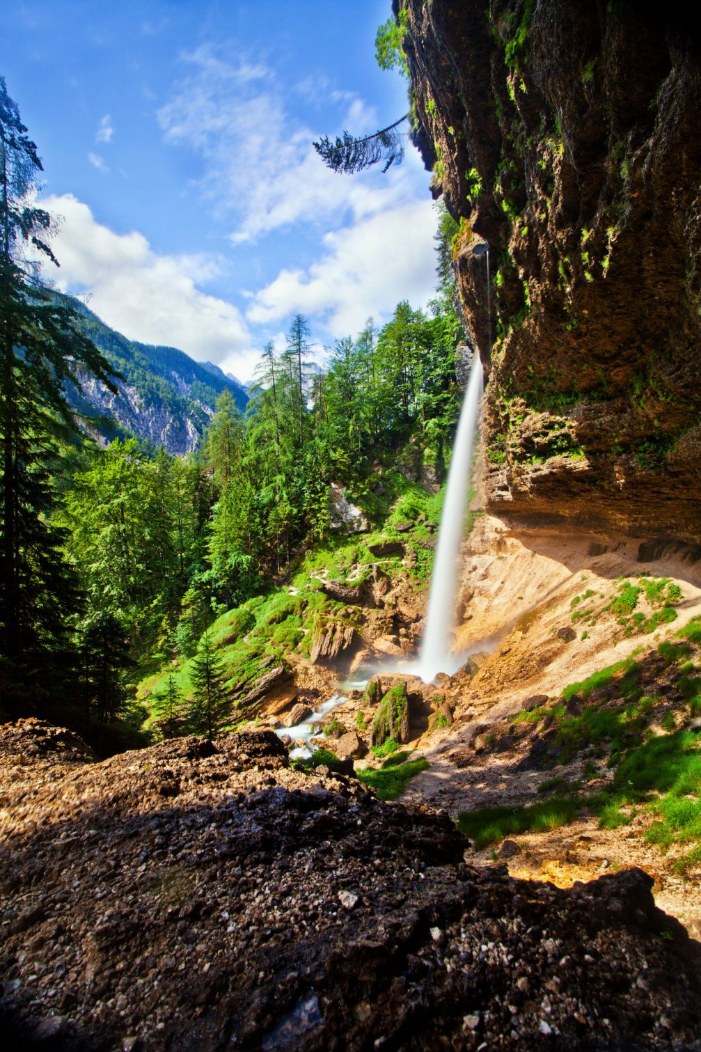 View of Pericnik Waterfall in Slovenia from behind