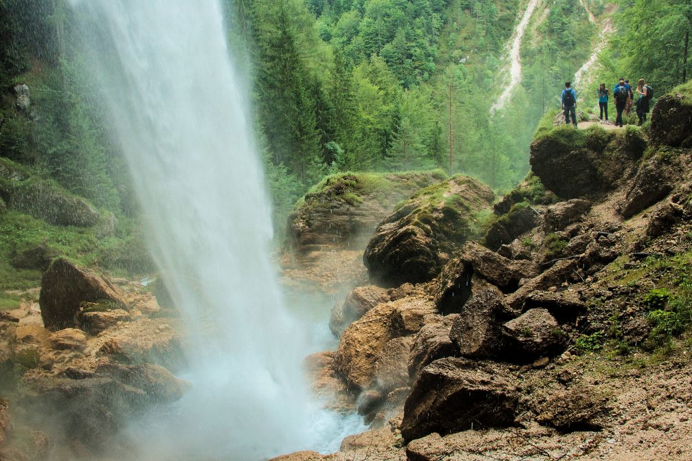 A powerful jet of stream of Pericnik Waterfall in Slovenia