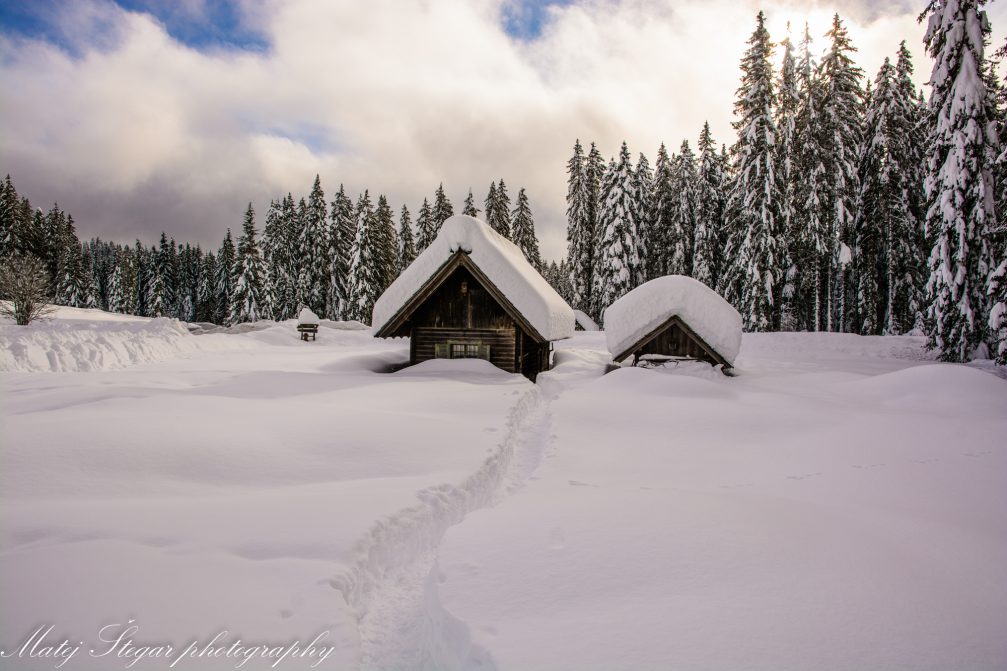 A pair of huts in Pokljuka covered in snow in winter