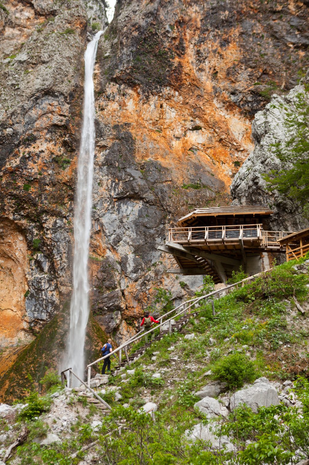 Rinka Waterfall in Logarska Valley with a bar called Eagles Nest 