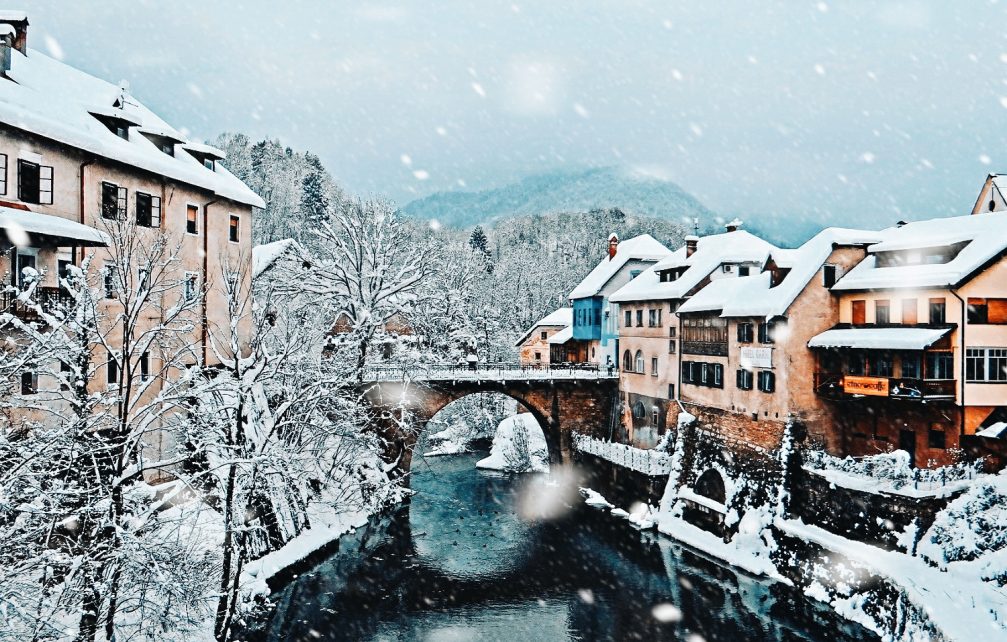 Snowing in Skofja Loka, Slovenia in winter