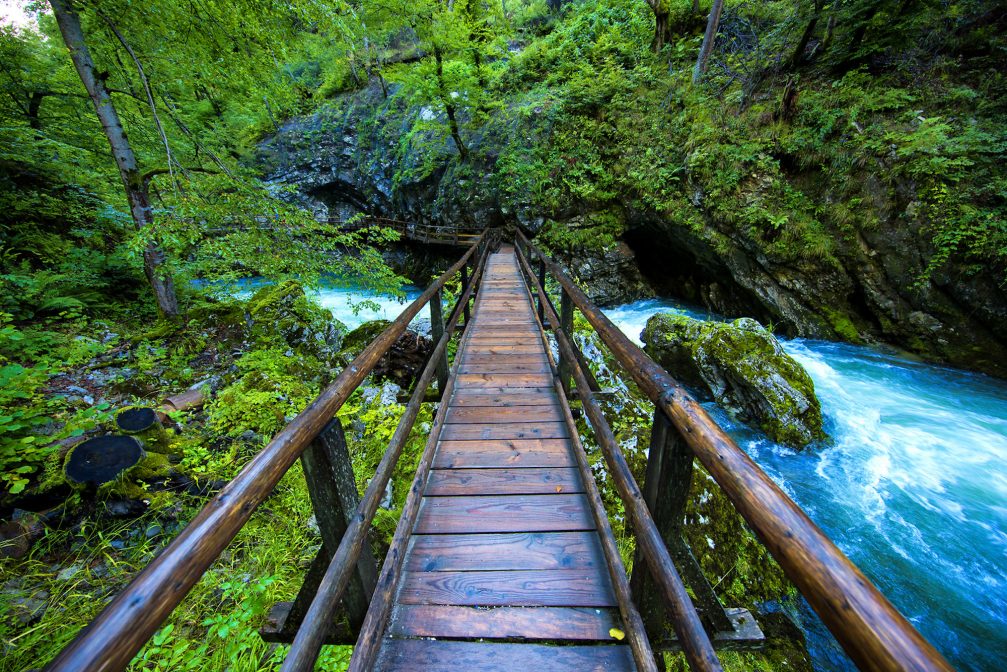 A bridge over Radovna River at Vintgar Gorge in Slovenia