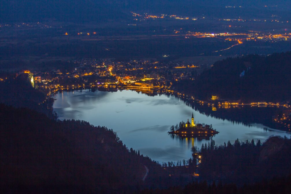 Aerial view of the town of Bled in Slovenia at night