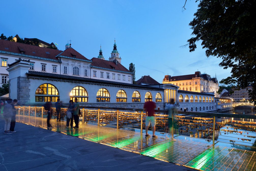Butchers Bridge and Ljubljana Central Market in the evening
