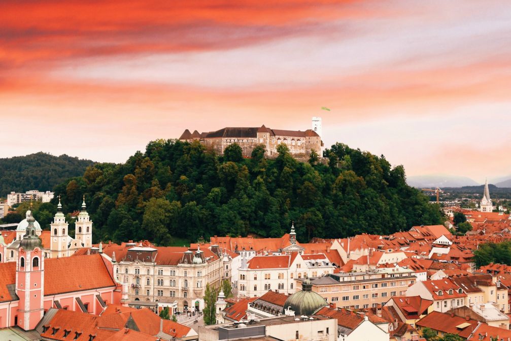 View of Ljubljana Old Town with its hilltop castle