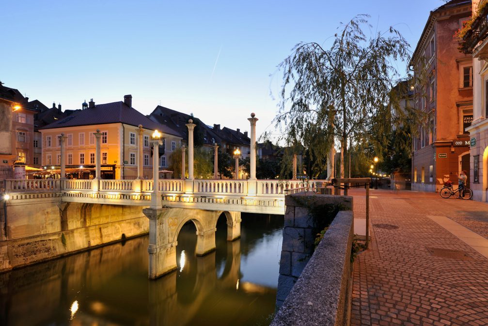 Cobblers Bridge in Ljubljana on a summer evening