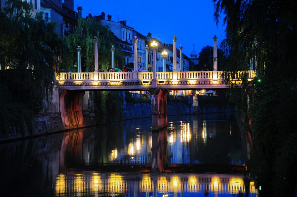 Cobblers Bridge in Ljubljana at night