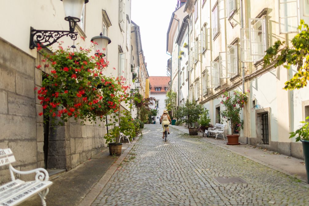 A cobblestone street in Ljubljana Old Town