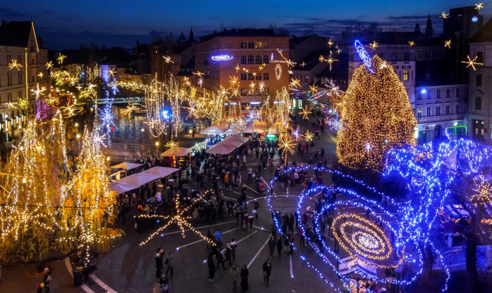 Preseren Square in Ljubljana decorated with Christmas Lights in the festive season at night