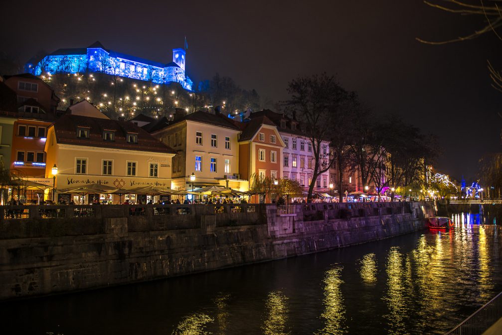 Ljubljana Old Town in the festive season at night