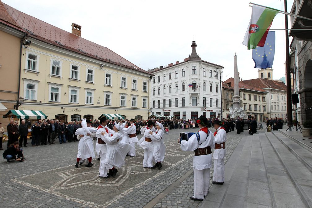 A folklore dance performance in front of Town Hall in Ljubljana