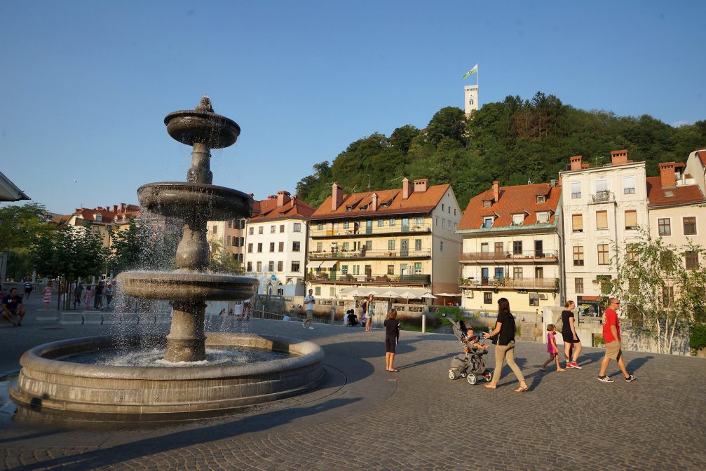 Novi Trg Square in Ljubljana Old Town with its fountain
