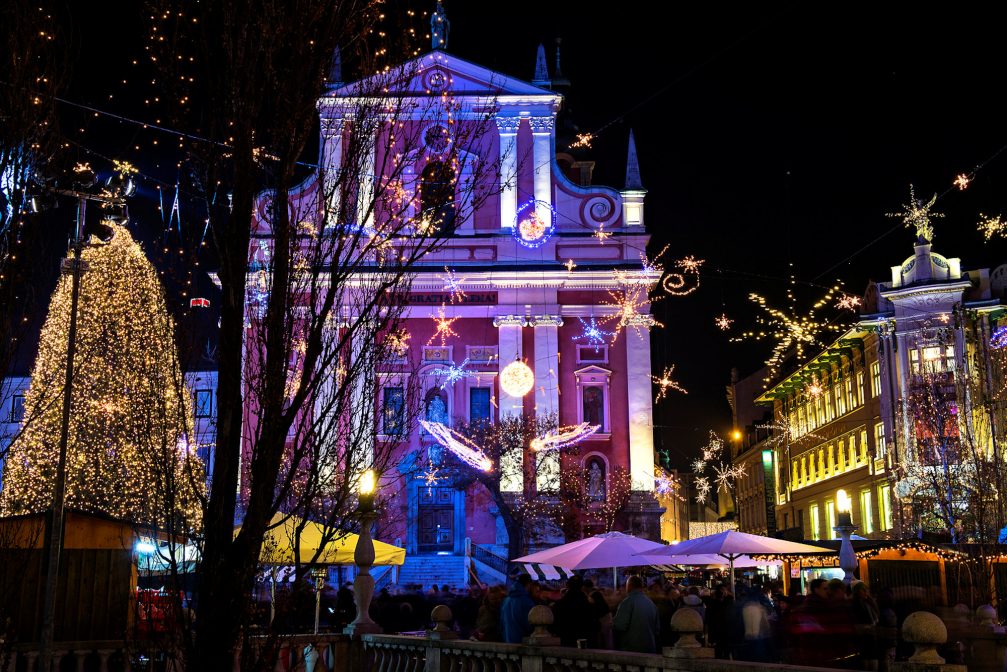 Franciscan Church in Ljubljana in the Christmas time at night